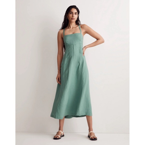 Madewell Dresses & Skirts - Madewell Tie-Back Midi Cami Dress Light Green Linen Blend